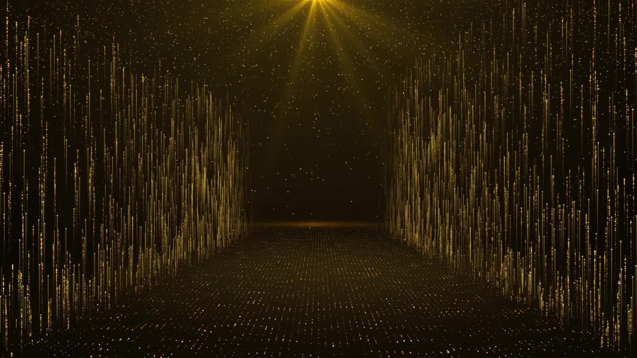 金色舞台聚光灯皇家颁奖典礼图形陨星粒子背景。视频下载
