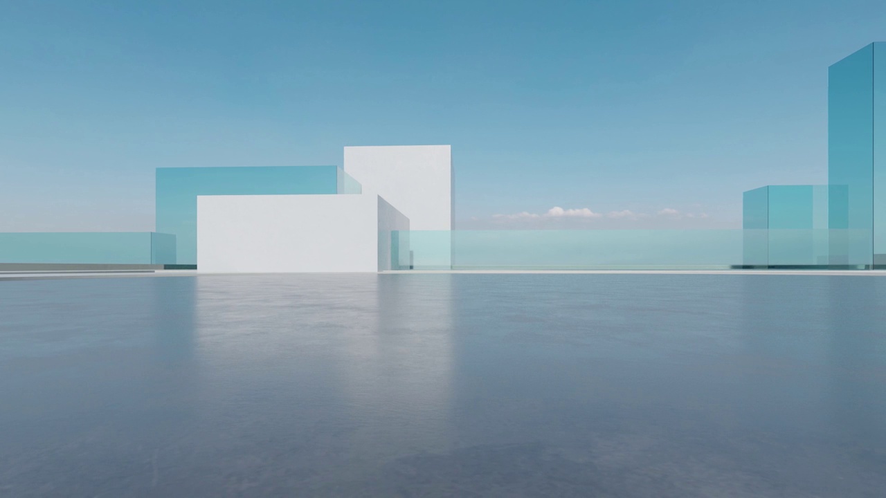 3d渲染抽象的未来主义玻璃建筑与空混凝土地板。视频下载