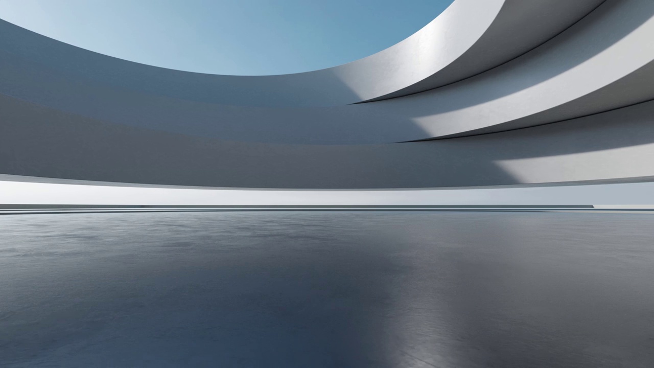 三维渲染抽象现代建筑与空混凝土地板和曲线墙，汽车呈现背景。视频素材
