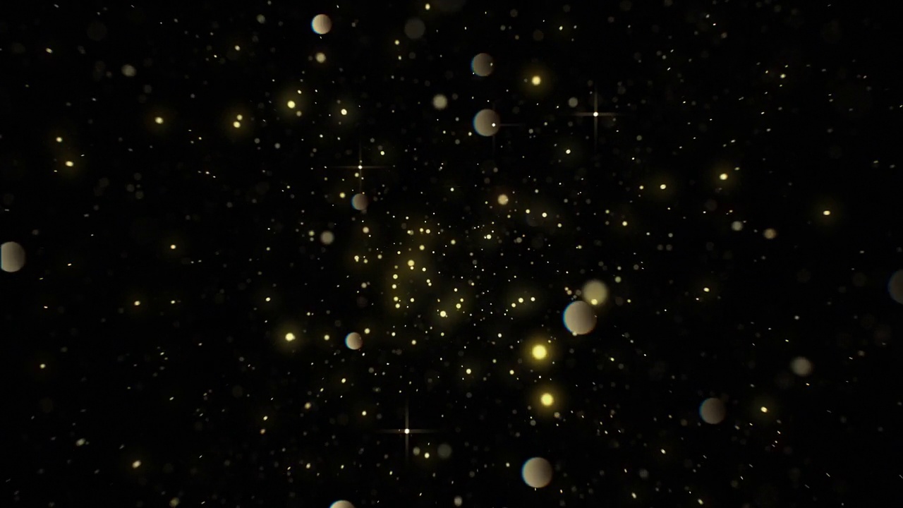 美丽的金色粉尘爆炸黑色背景与散景和耀斑。金粒子在空中飞行的慢动作3d动画。圣诞快乐概念设计元素视频下载