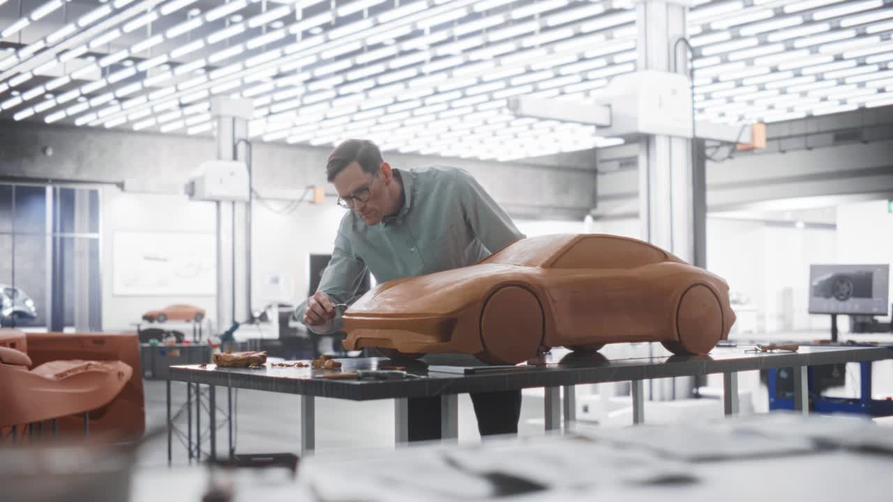 汽车设计师使用抹刀创建一个原型车的聚合物建模粘土。集中建模工作在一个研究和开发工作室在汽车生产工厂视频下载