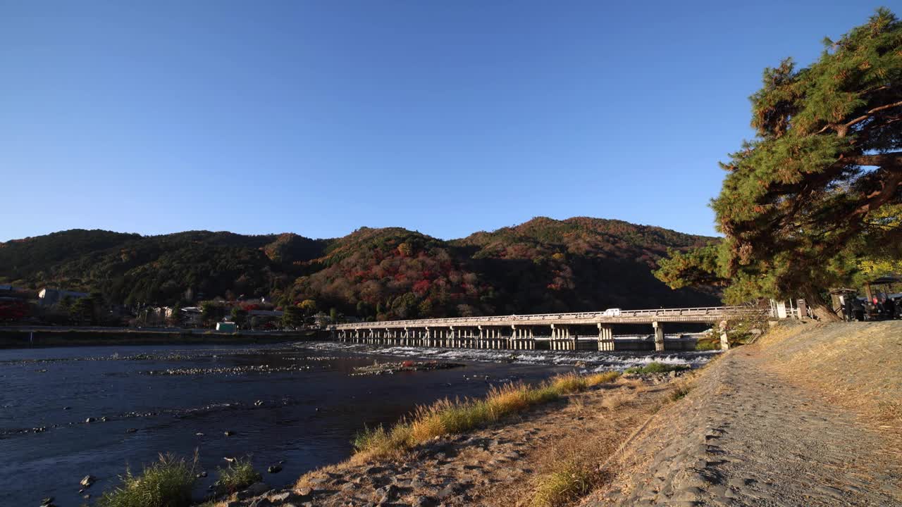 秋日拍摄的京都桂川河附近的东津桥视频下载