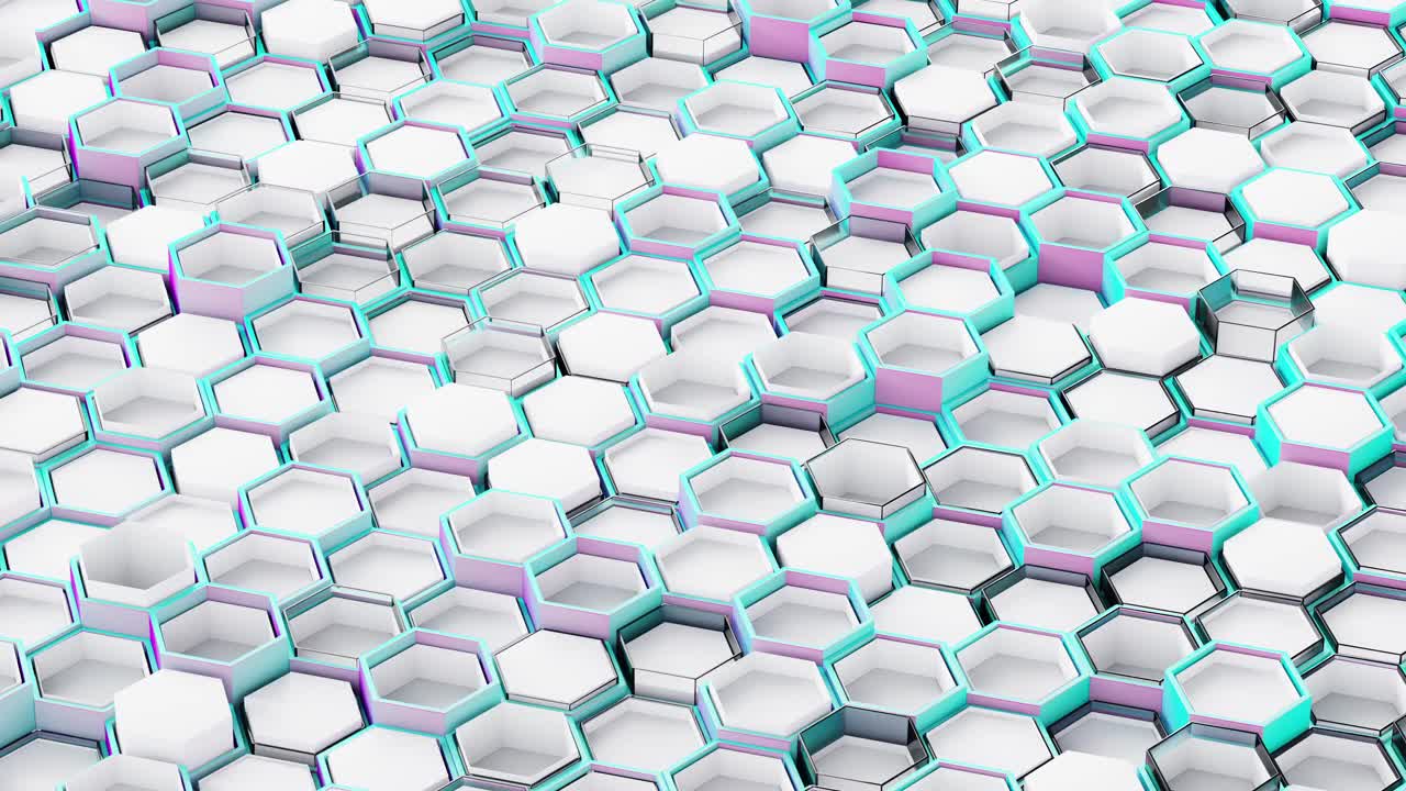 环形4k画面抽象高科技背景的蜂窝板，六边形抽象设计，白色彩虹未来主义材料和蓝色玻璃视频下载