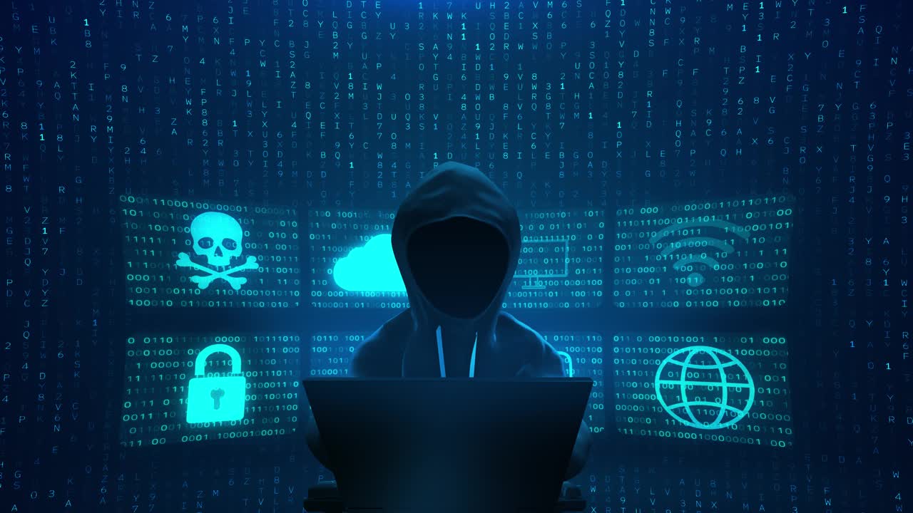蒙面黑客破坏数据服务器并感染系统病毒暗室黑客网络战概念视频下载