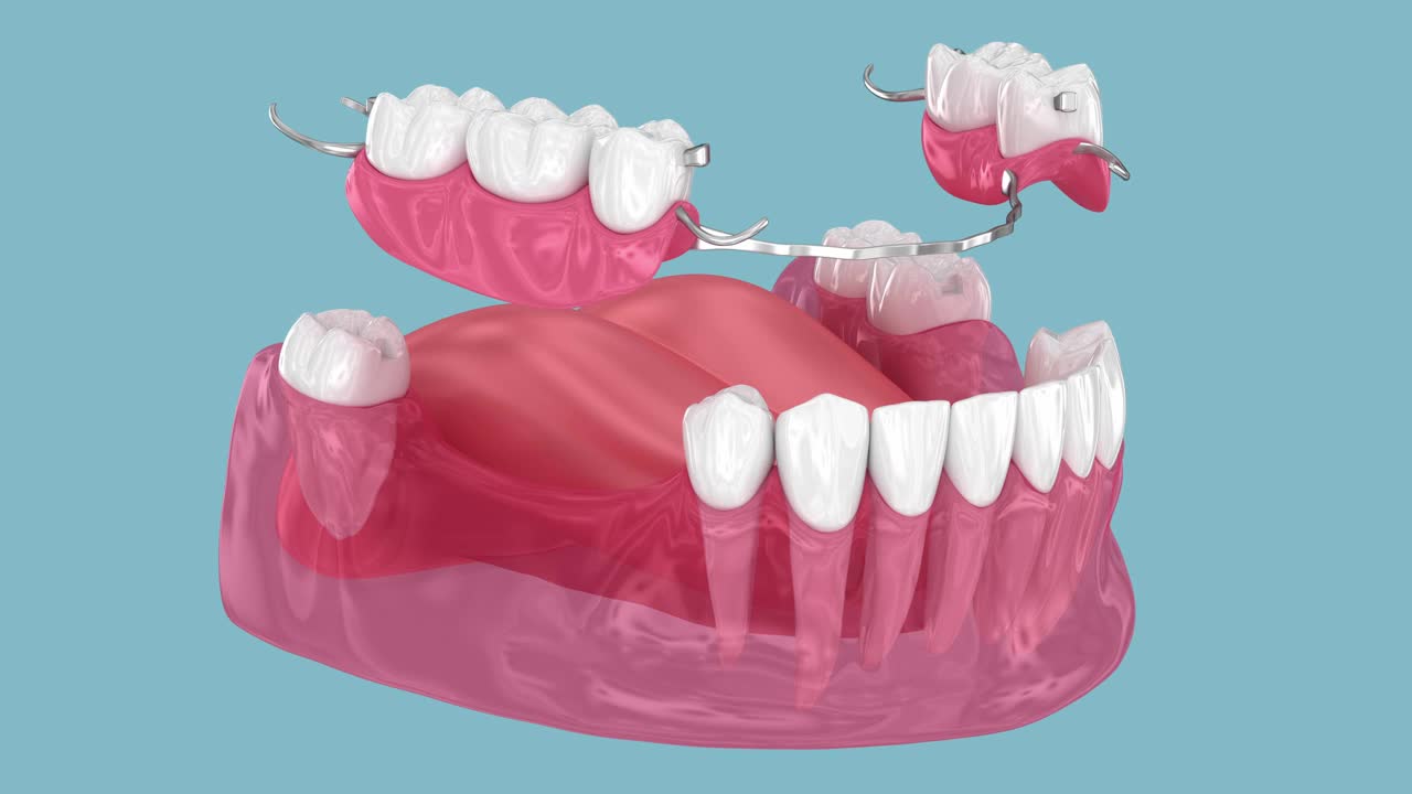 可移动部分义齿，下颌假体。医学上精确的3D动画修复学概念视频下载