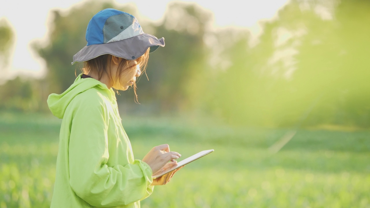 年轻的亚洲女农民记录他种植的玉米视频下载
