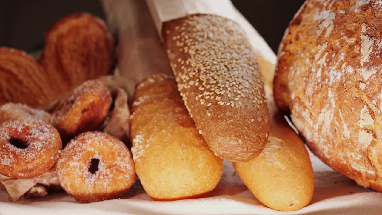 面包师展示的面包，各式各样的西班牙法棍面包和传统的面包店甜点。欧洲面包超市特写。视频下载