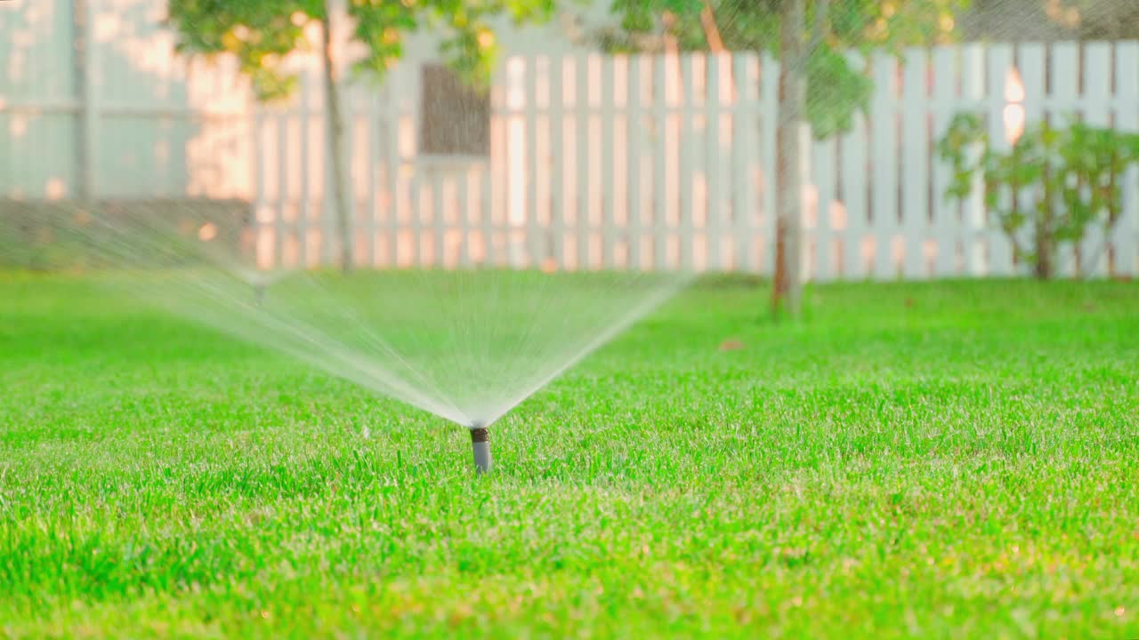 灌溉喷头关闭，可伸缩喷头隐藏在草坪草下的土壤中。在夏日的傍晚给绿色的草坪浇水视频素材