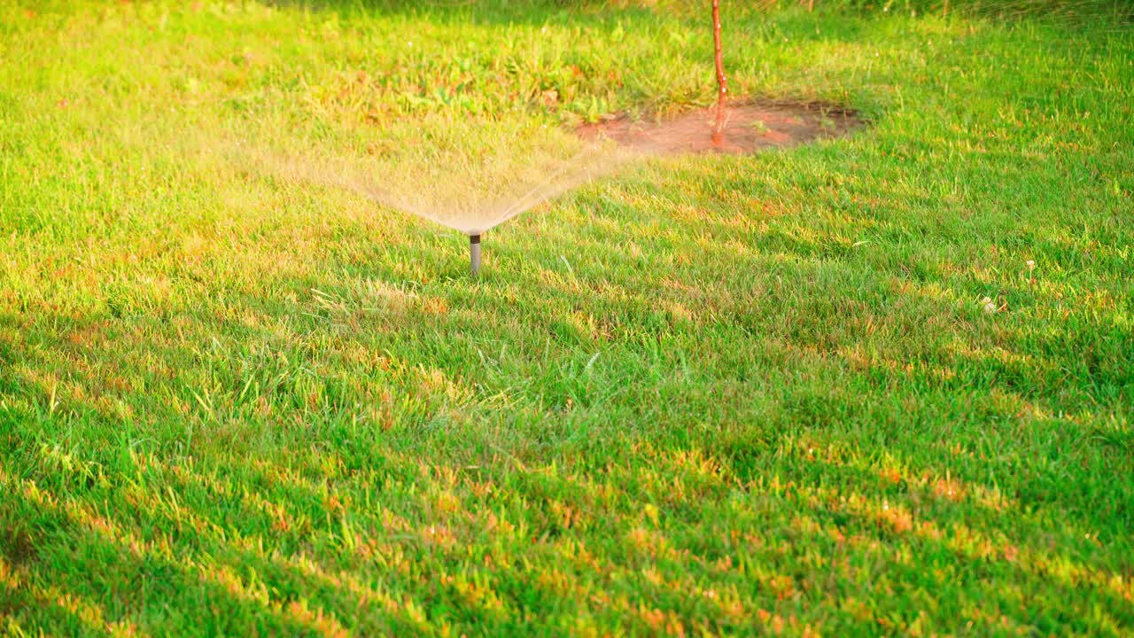 草坪被一个可伸缩的洒水器浇灌着，落日的影子洒在绿色的草地上。灌溉系统集成到草坪下的土壤中视频素材