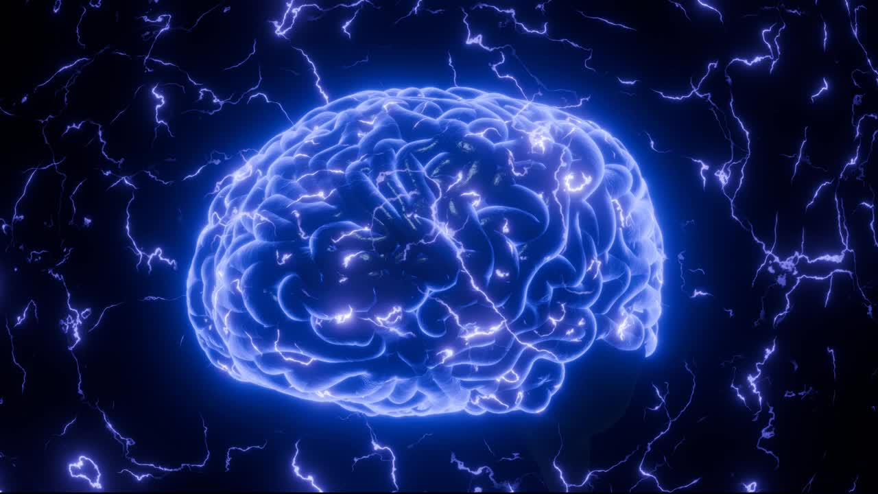 人工智能大脑动画，以神经连接的效果，以电流流动的光的形式传递信息。利用人工智能作为超级大脑的概念。三维渲染视频下载