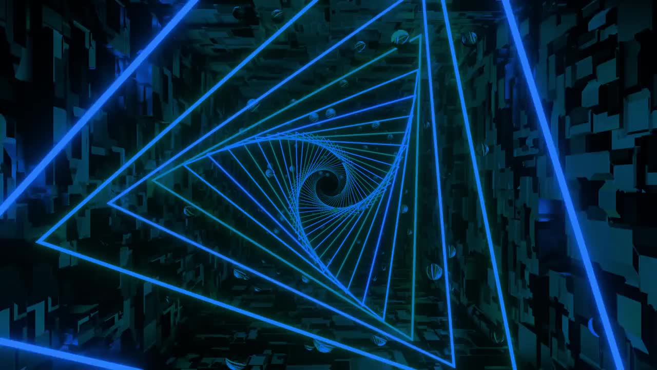 循环3d动画，VFX蓝色隧道与多边形帧，科幻。抽象循环背景。技术，VJ概念。Led灯。明亮的未来隧道。无缝循环动画视频下载