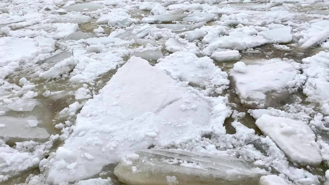 灰春江期间的冰雪和浮冰漂移视频下载