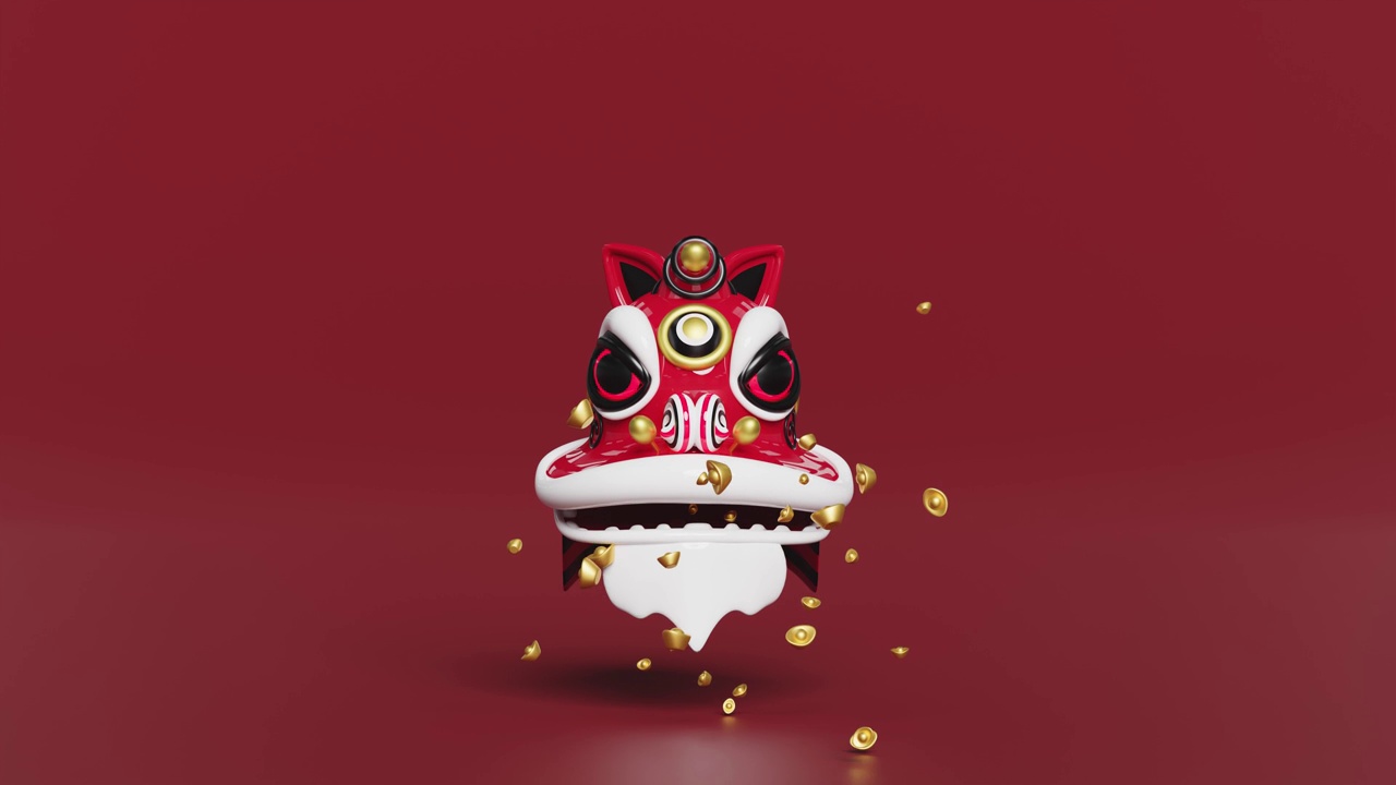 3d狮子头与中国金元宝为喜庆的中国新年假期。3d渲染插图，alpha通道视频下载