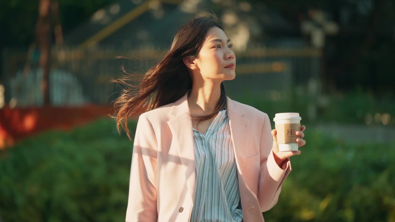 漂亮的年轻亚洲女商人，穿着时髦的西装，早上站在办公园区放松地端着一杯咖啡或茶，在现代办公大楼工作的快乐女经理视频下载