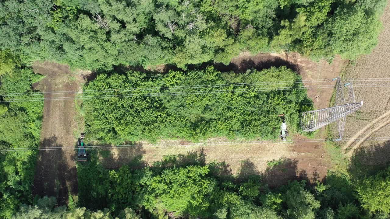 两辆拖拉机正在清理高压电线下的灌木丛视频下载
