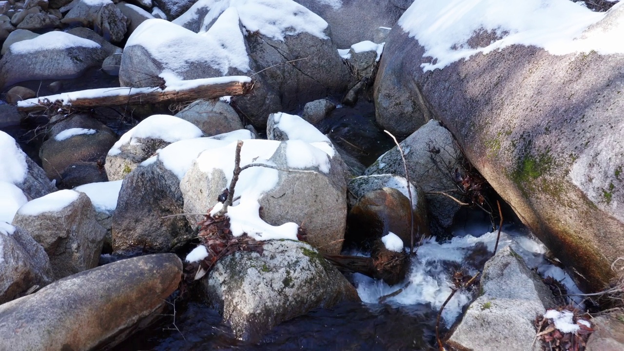 雪覆盖着河中的岩石视频下载