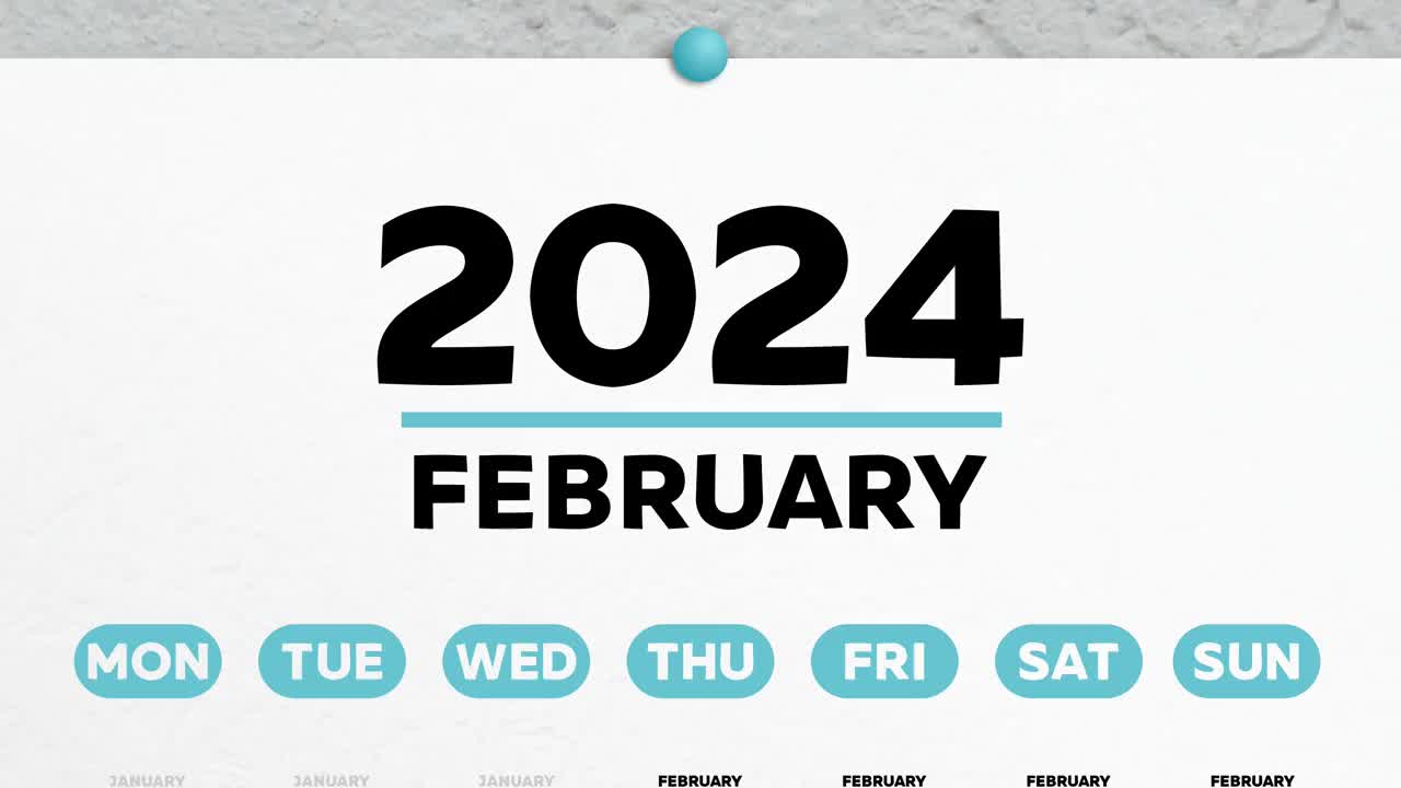 2024年挂历上美丽的二月页特写，镜头移到上面标记的情人节视频素材