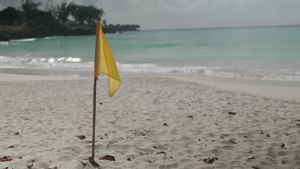 游泳风险自负:黄旗在海滩与波浪背景视频下载