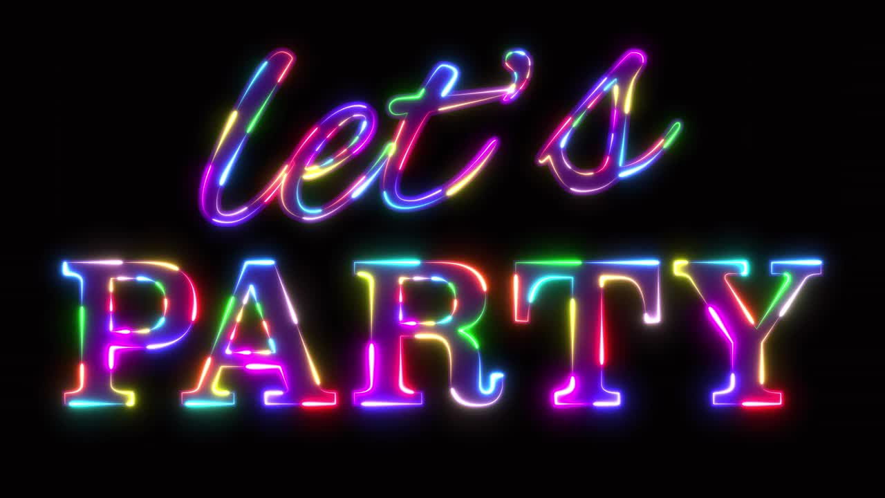 让我们的派对霓虹灯横幅与彩色彩虹色主题在黑色的背景视频下载
