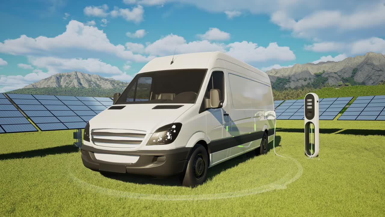 迷你面包车在带有太阳能电池板的电动汽车充电站充电- 4K分辨率视频下载