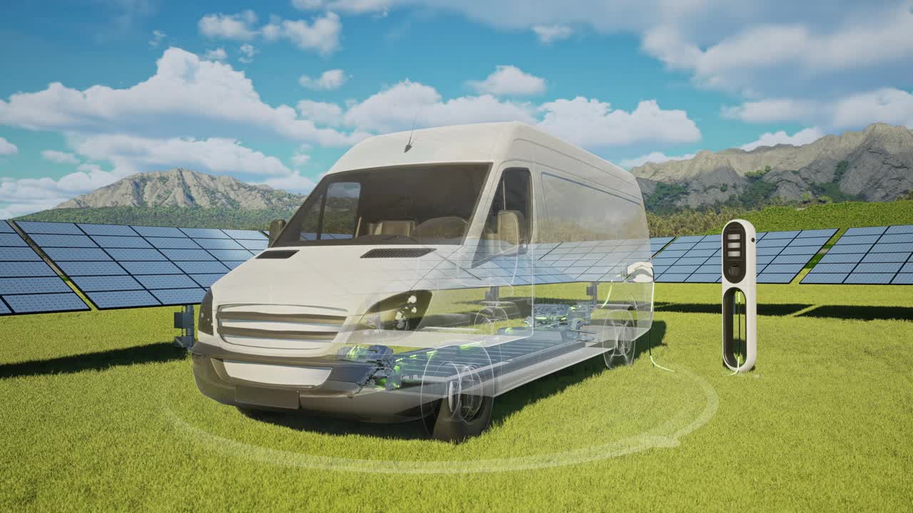 厢式货车-车辆充电的电动汽车充电站与太阳能电池板- 4K分辨率视频下载