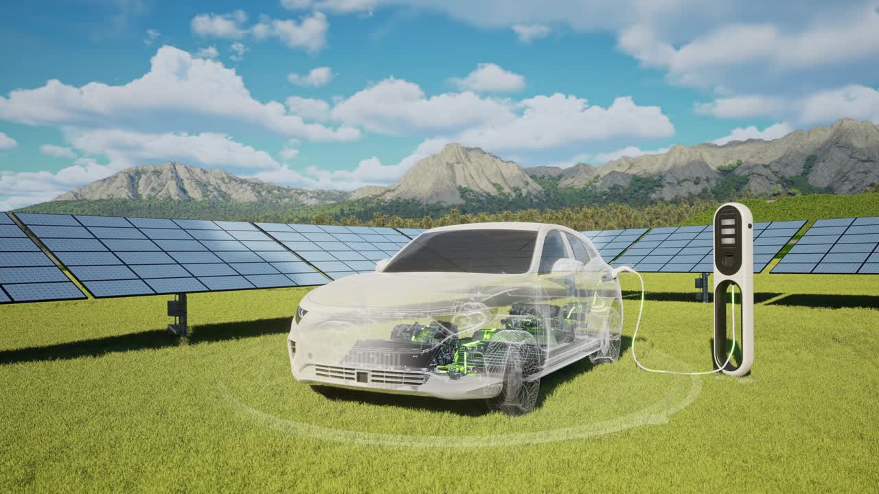 白色汽车在带有太阳能电池板的电动汽车充电站充电——4K分辨率视频下载