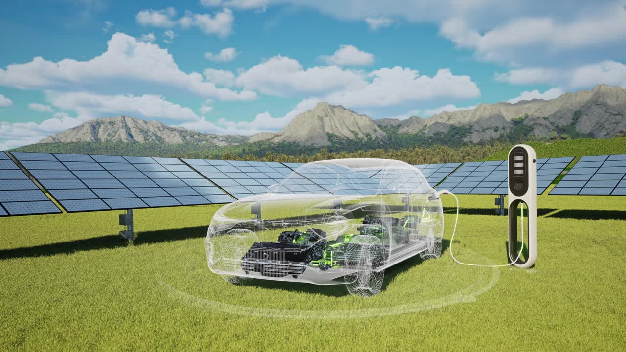 使用太阳能电池板的电动汽车充电站的汽车充电- 4K分辨率视频下载
