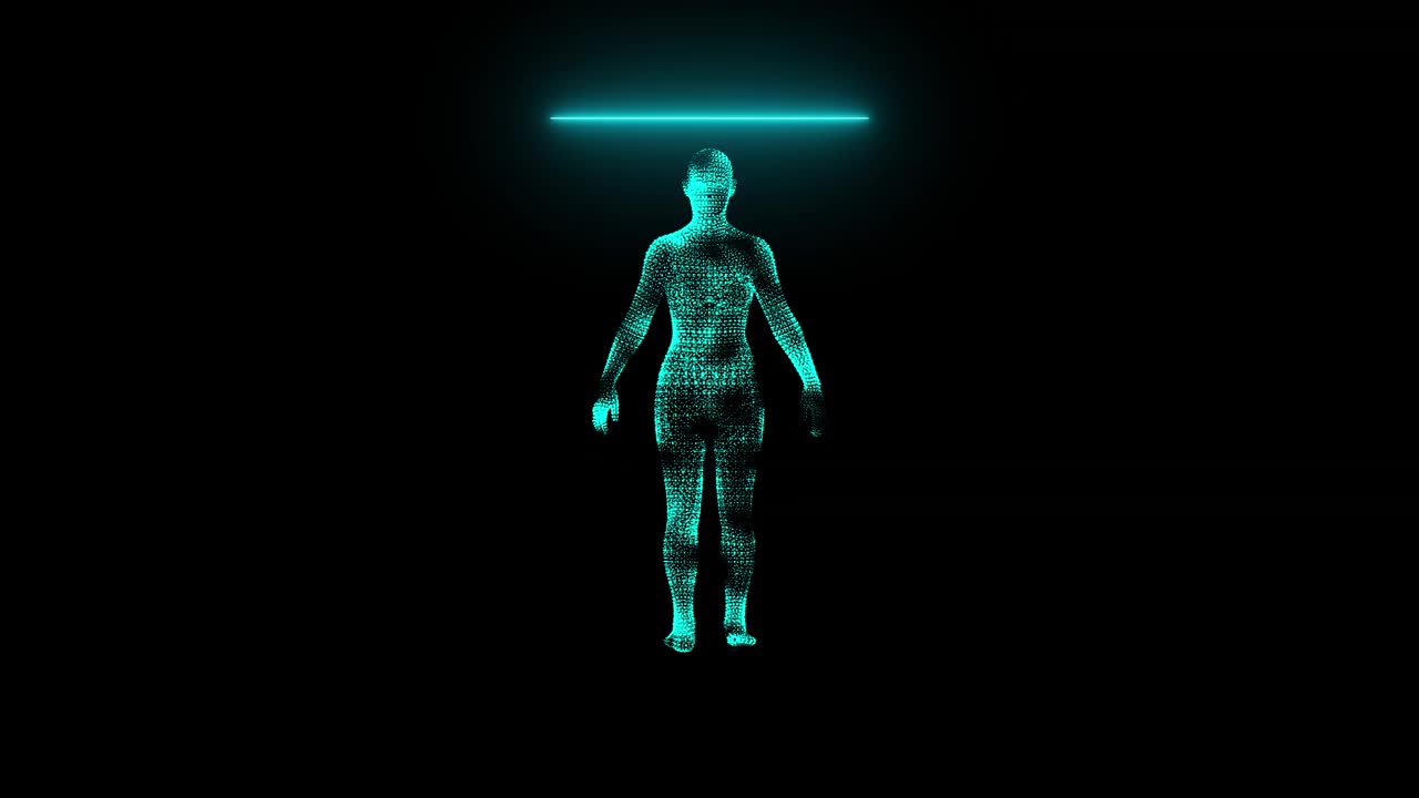 女人，女性身体扫描概念线框图。未来的扫描，全息图，人体x射线，HUD风格的3d模型，散射粒子和光效果视频下载