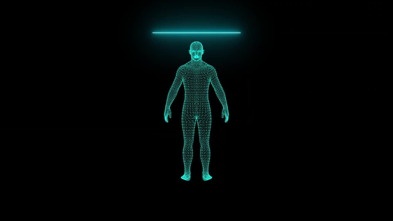 男人，男性身体扫描概念线框图。未来的扫描，全息图，人体x射线，HUD风格的3d模型，散射粒子和光效果视频下载