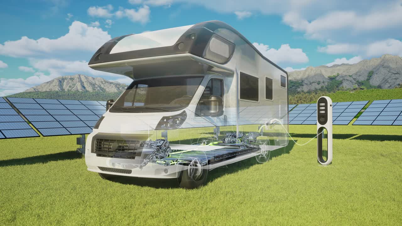 露营车充电的电动汽车充电站与太阳能电池板- 4K分辨率视频下载
