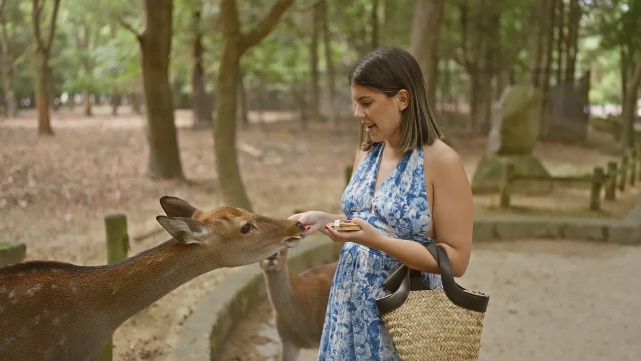 在日本著名的奈良公园，开朗、美丽的西班牙裔女子用饼干喂可爱的鹿，享受着独特的文化和户外野生动物的吸引力!视频下载