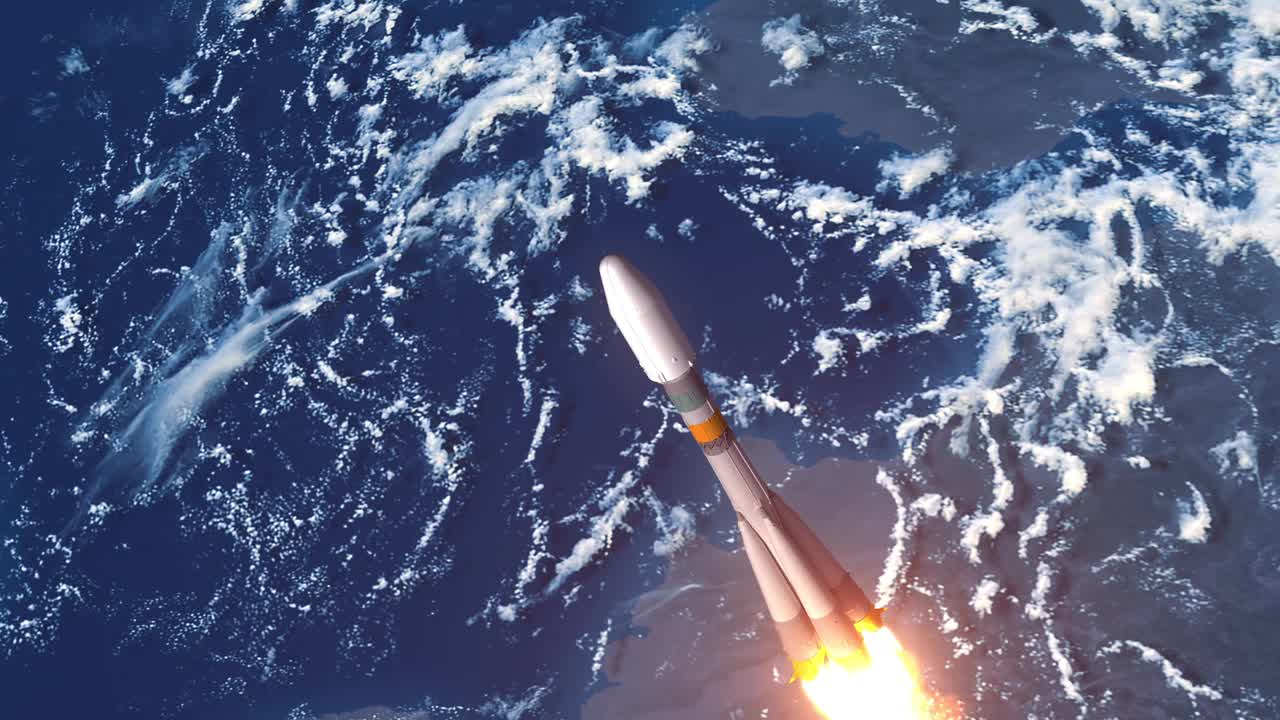 货运火箭在地球上空起飞。3d动画。4 k。视频下载