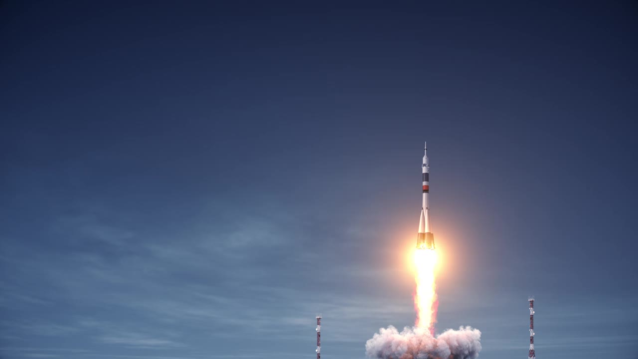 运载火箭和载人飞船从航天发射场起飞。3 d动画。4 k。视频下载