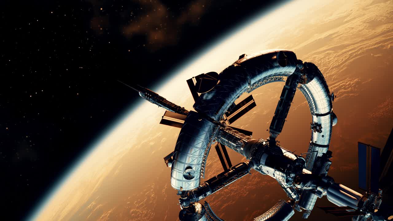 未来的空间站飞越红色星球。4 k。3 d动画。视频下载