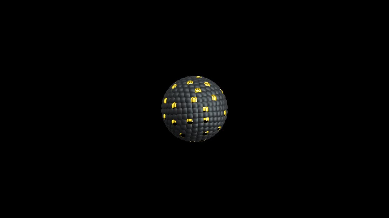 金色的球在黑色的球中滚进一个抽象的球体，形成一个新的球体。金球飞行环3d动画。无缝变形插图孤立在黑色背景，Alpha蒙版视频下载