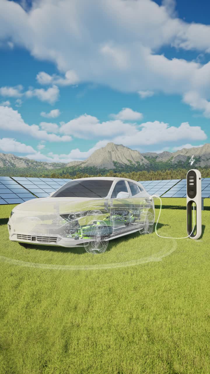 电动汽车在带有太阳能电池板的电动汽车充电站充电- 4K分辨率视频下载