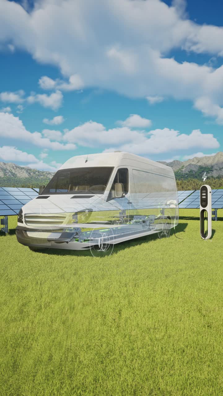 电动卡车在带有太阳能电池板的电动汽车充电站充电- 4K分辨率视频下载
