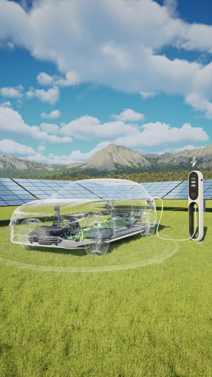 电动汽车充电在电动汽车充电站与太阳能电池板- 4K分辨率视频下载