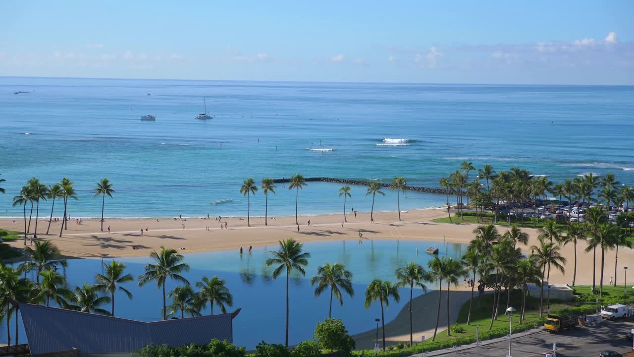 生动的檀香山海滩场景，清晰的海洋和棕榈树在4k慢动作60fps视频下载