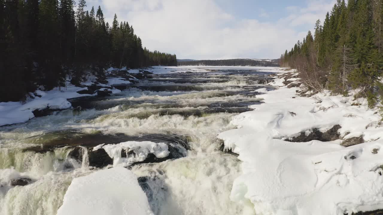 瑞典最大的瀑布，Tännforsen在春天和洪水期间的无人机镜头，从目标放大。视频下载