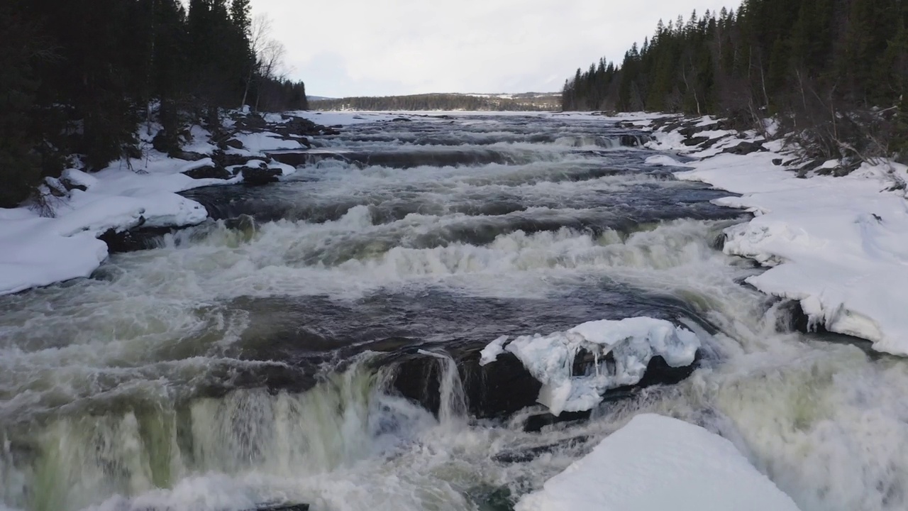 无人机拍摄的瑞典最大的瀑布，Tännforsen在春天和洪水期间。视频下载