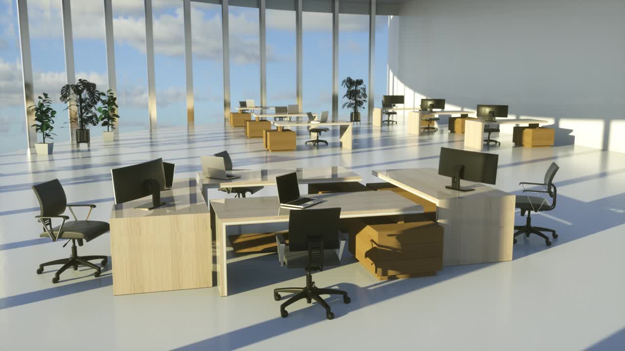 在一个阳光明媚的日子里，一个企业办公室的内部，3D动画视频下载