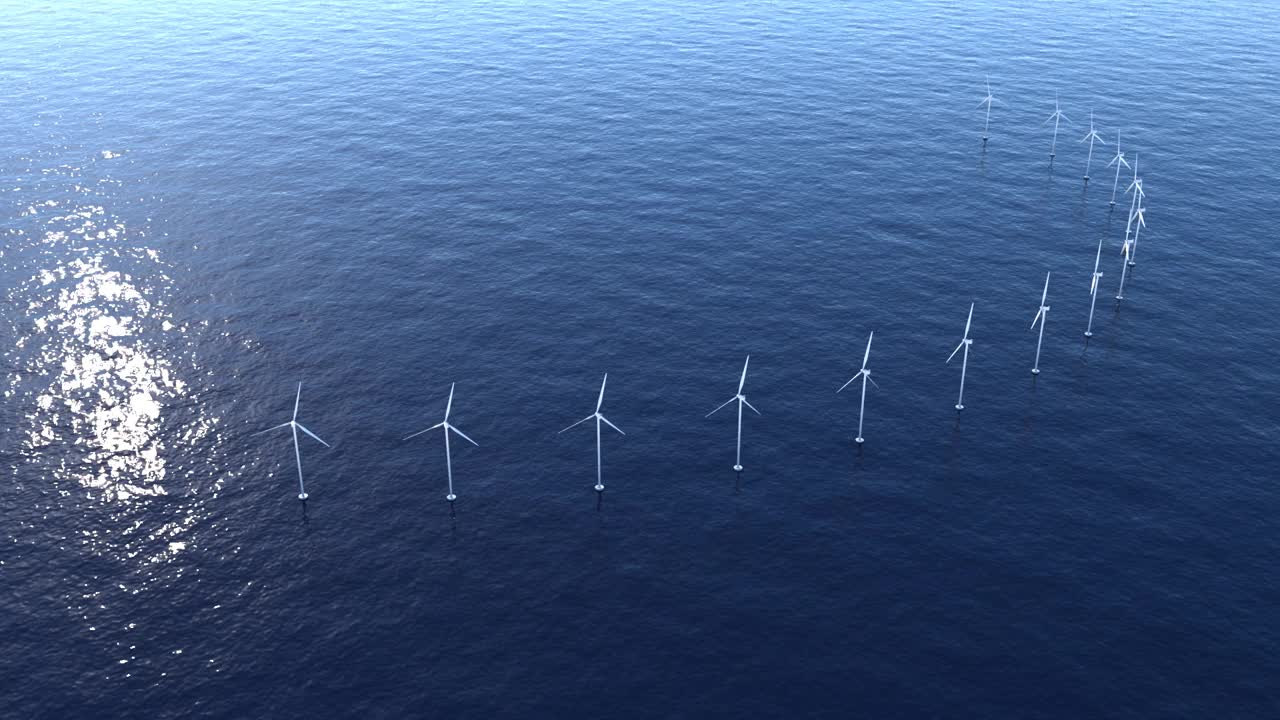 在阳光明媚的日子里，海洋中的风力涡轮机。三维动画视频素材