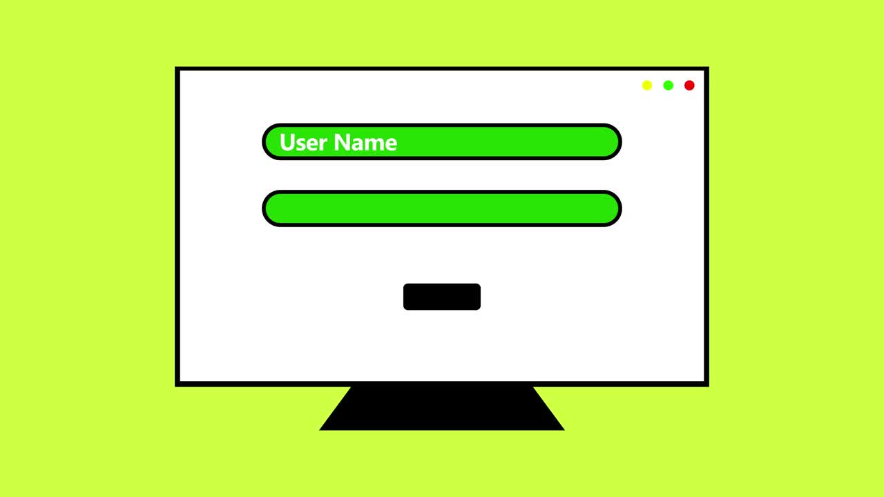 笔记本电脑屏幕显示登录页面与用户名和密码字段动画在一个简单的绿色背景。视频素材