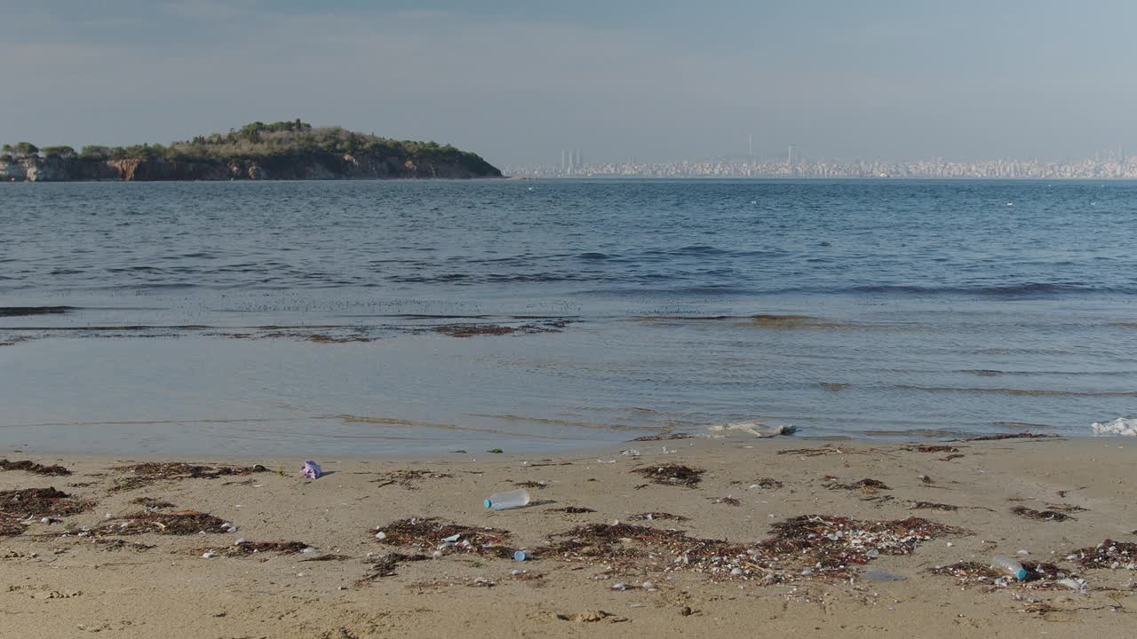年轻女子志愿清理海滩，保护海洋生物，促进沿海岸线的环境责任视频下载