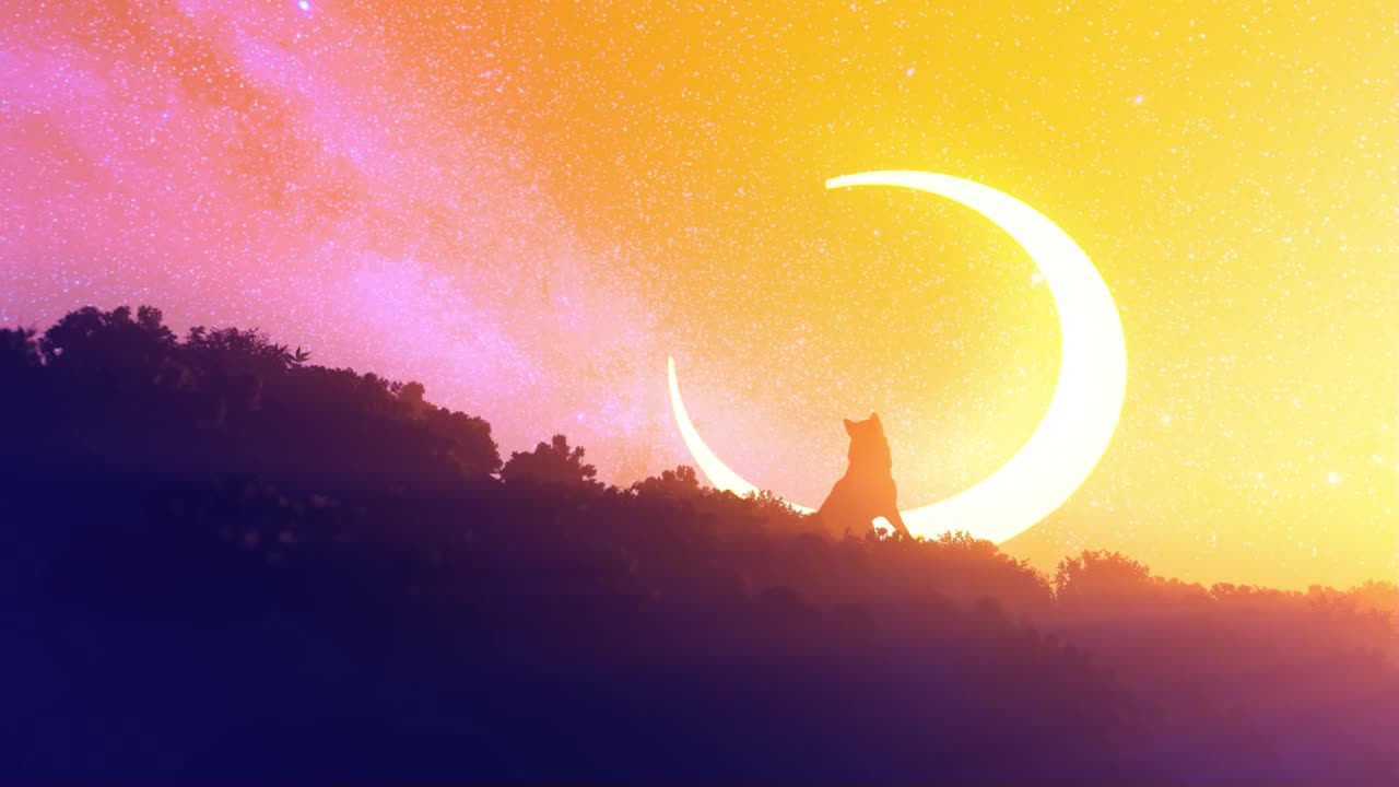 德国牧羊犬在绿色的小山上，对着炽热的新月和星空，倾斜视频下载