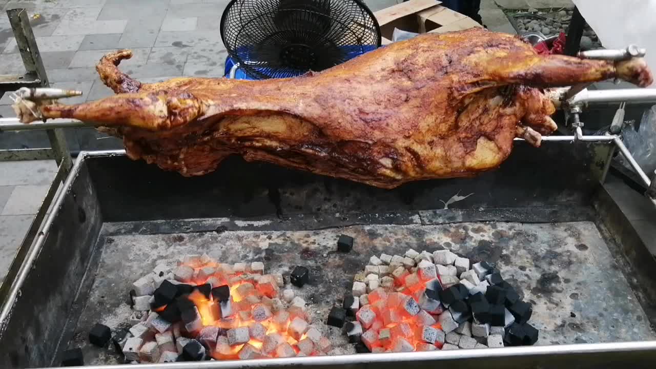 烤烤山羊或羊肉卷。它是用一种特殊的方法在明火上烤熟的肉。视频下载