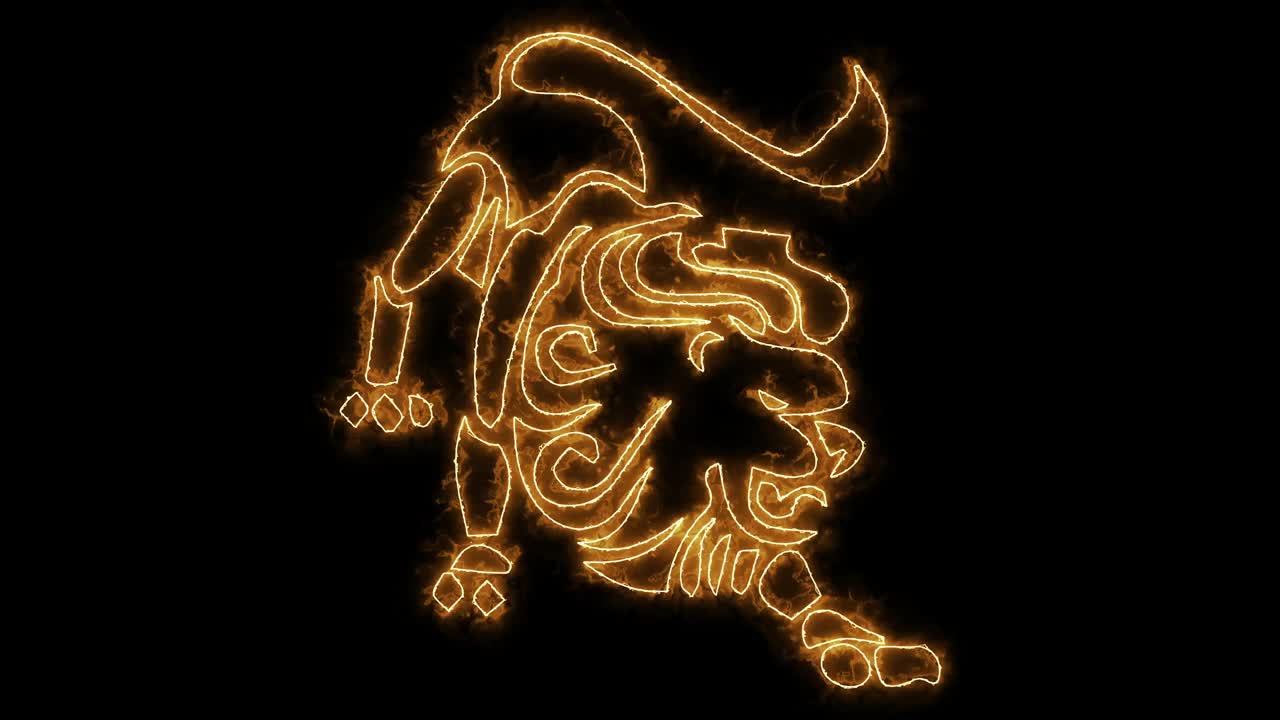 狮子座。冥想符号霓虹灯闪烁动画黑色背景。视频下载