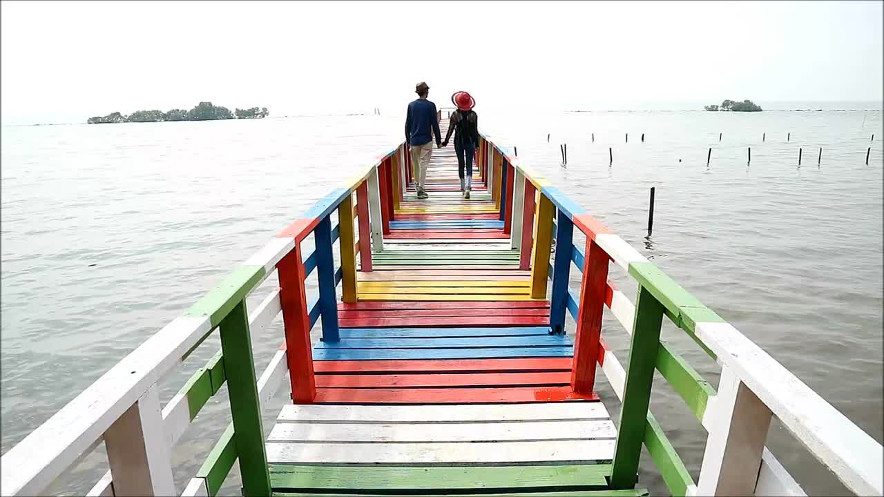 幸福的夫妇在彩色桥上散步的镜头视频下载