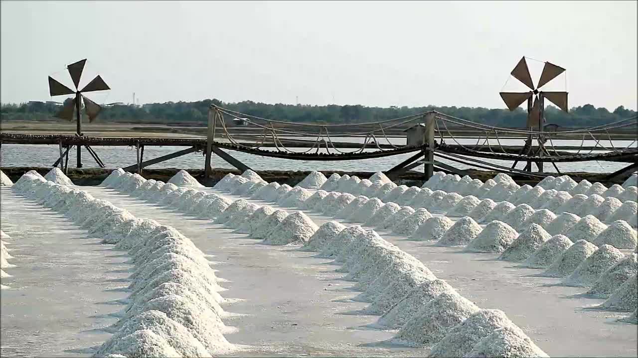 泰国碧武里省的盐场用手工收获的原盐堆拍摄的画面视频下载